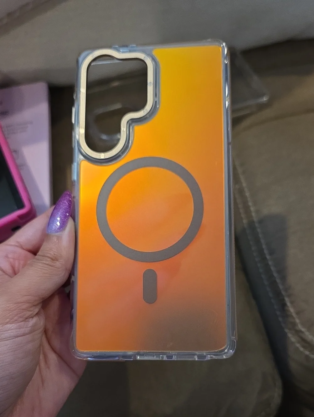 Orange Magnetic-Compatible Clear Phone Case Samsung S25 Ultra.